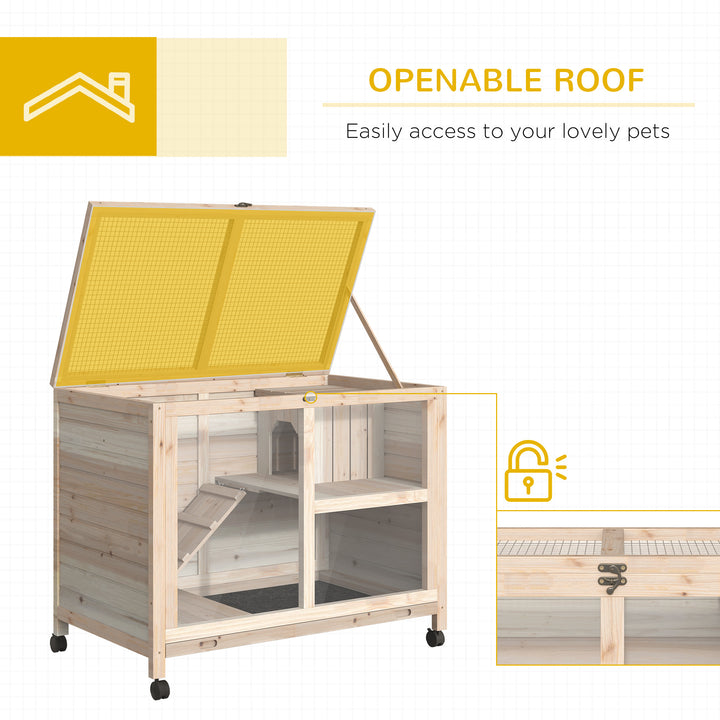 PawHut Wooden Rabbit Hutch Guinea Pigs House Bunny Small Animal Cage W/ Pull-out Tray Openable Roof Wheels 91.5 x 53.3 x 73 cm