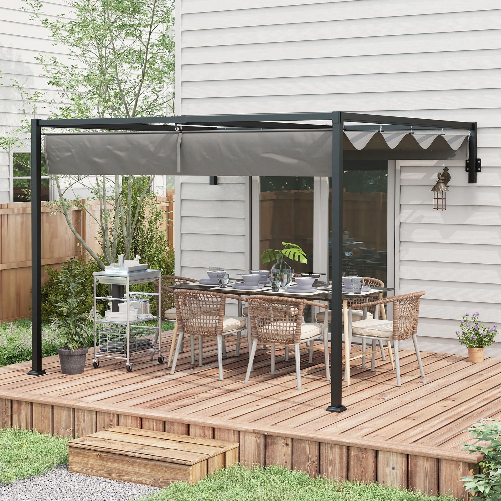 2 x 3(m) Lean To Steel Pergola, with Moving Fabric Canopy - Dark Grey