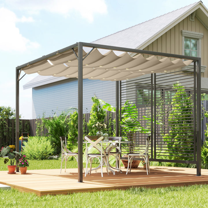 3 x 2.8m Metal Pergola, with Retractable Fabric Roof - Beige