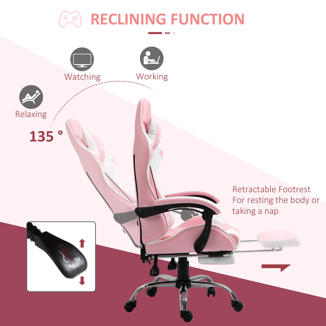 Ergonomic Gaming Chair, PU Leather Reclining Computer Chair with Footrest and Lumbar Support, Headrest and Adjustable Height for Adults, Pink