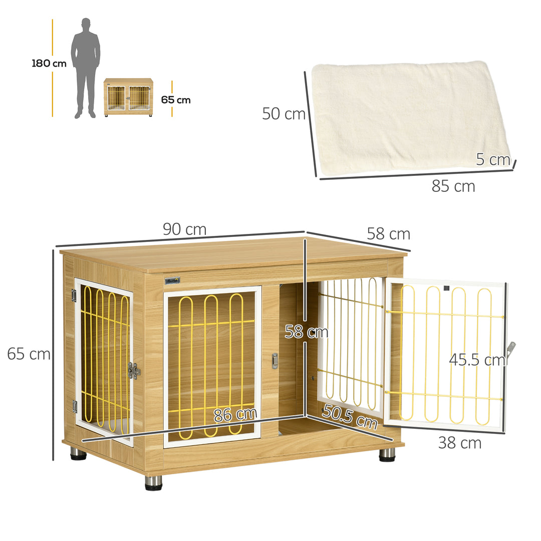 PawHut Dog Crate Furniture, Dog Cage End Table. with Soft Cushion, Double Door - Oak Tone | Aosom UK