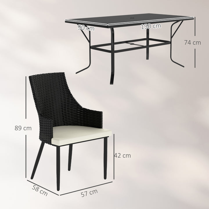 6 Seater Rattan Dining Set with Cushions, Garden Furniture Set with Armchairs, Rectangle Slatted Table Top, Steel Frame, Parasol Hole, Wicker Outdoor Furniture for Patio, Balcony, Cream White