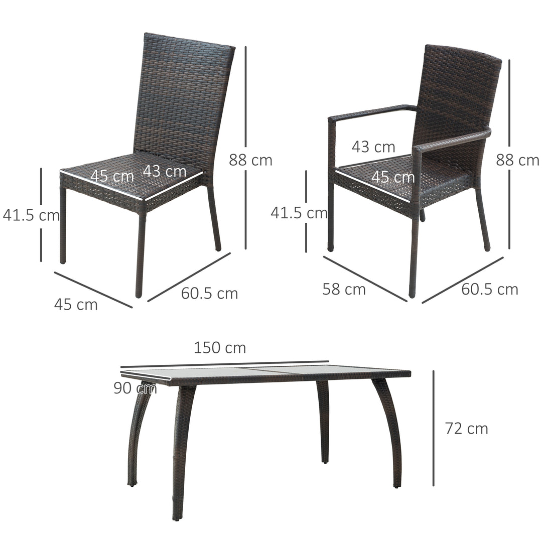 6 Seater Rattan Dining Set with Cushions, Rattan Garden Furniture Set, Outdoor Dining Table and Chairs with 6 Stackable Armchairs, Rectangular Glass Top Table for Patio, Balcony, Brown
