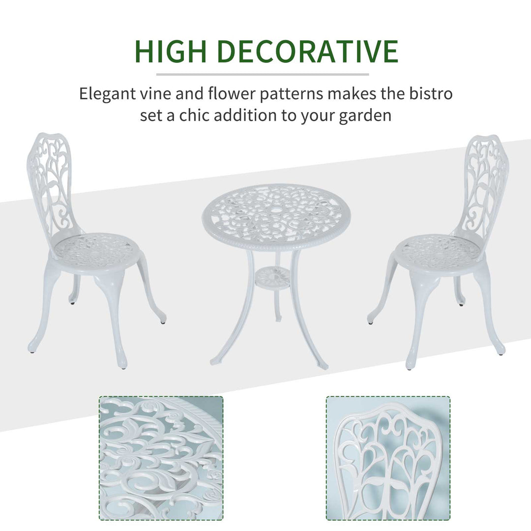3 Pieces Antique Garden Bistro Set for 2, Cast Aluminium Garden Furniture Set with Umbrella Hole, White