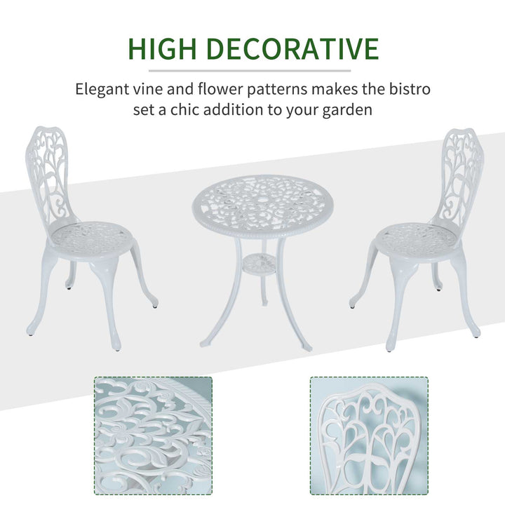 3 Pieces Antique Garden Bistro Set for 2, Cast Aluminium Garden Furniture Set with Umbrella Hole, White