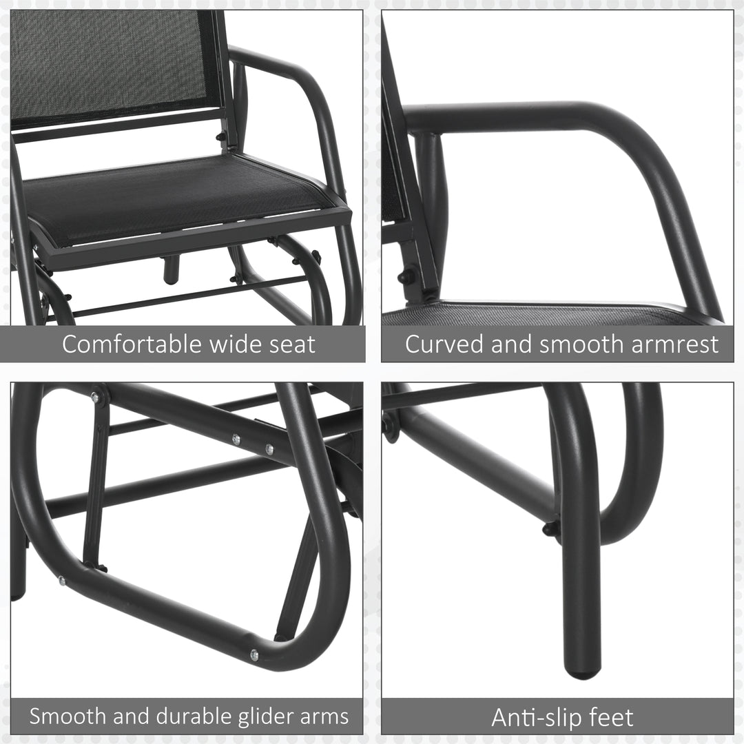 Outdoor Garden Glider Chair, Metal Frame Single Armchair Swing Seater w/ Breath Mesh Fabric Seat, Curved Backrest, Armrests, for Living Room, Patio, Porch, Dark Grey