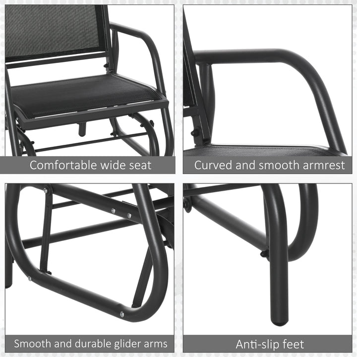 Outdoor Garden Glider Chair, Metal Frame Single Armchair Swing Seater w/ Breath Mesh Fabric Seat, Curved Backrest, Armrests, for Living Room, Patio, Porch, Dark Grey