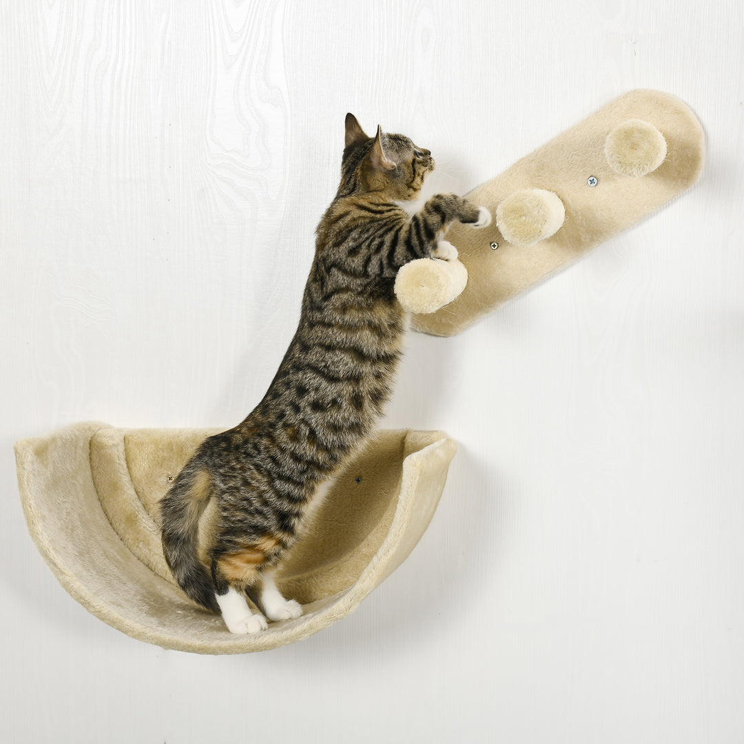 4PCs Wall-Mounted Cat Shelves w/ Scratching Post, Hammock, Nest - Beige