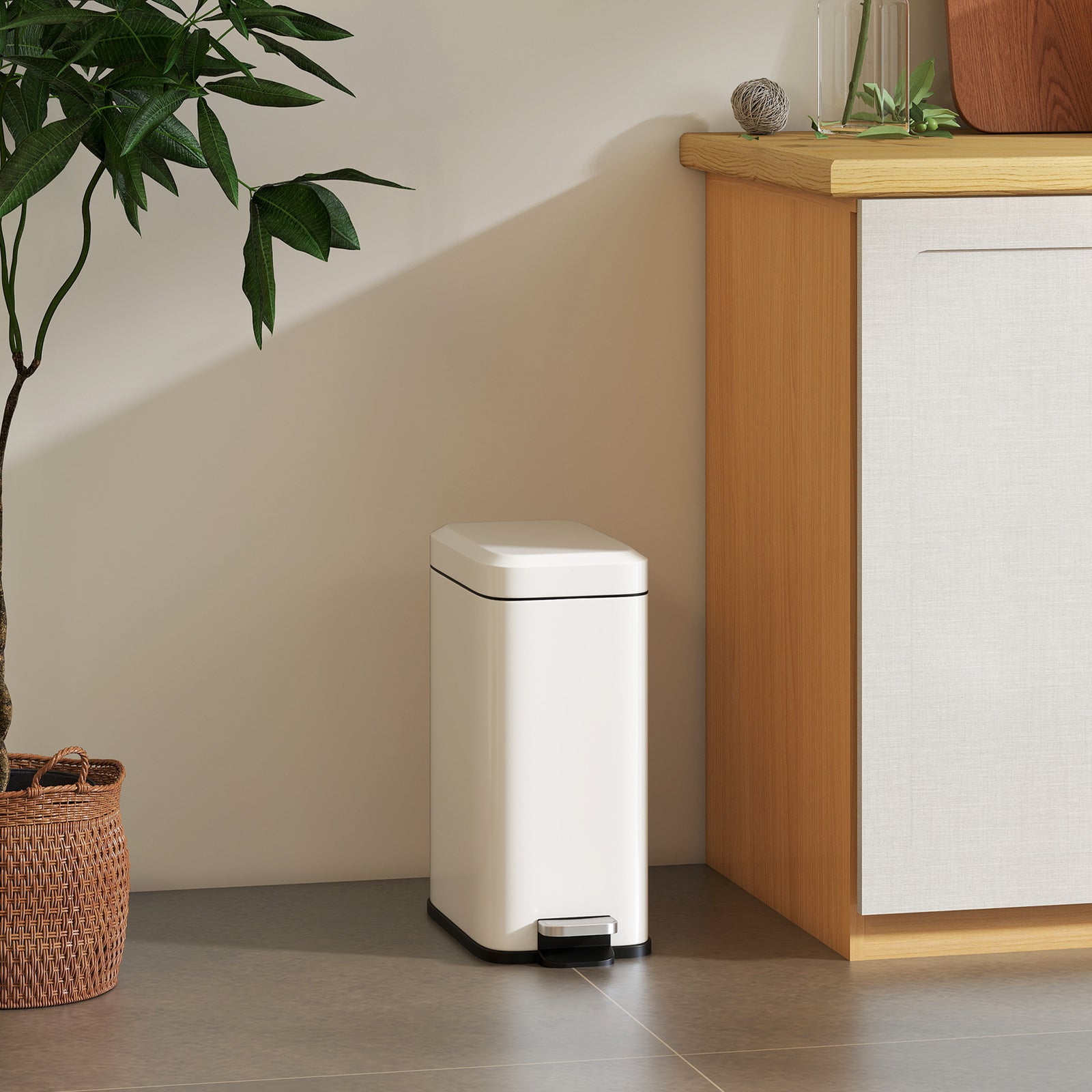 5L Rectangular Compact Bin Steel Body Removable Bucket Quiet-Close Lid w/ Pedal Lid Rubbish Trash Can Home Office Bedroom Bathroom Living Room Garbage Tidy Clean White