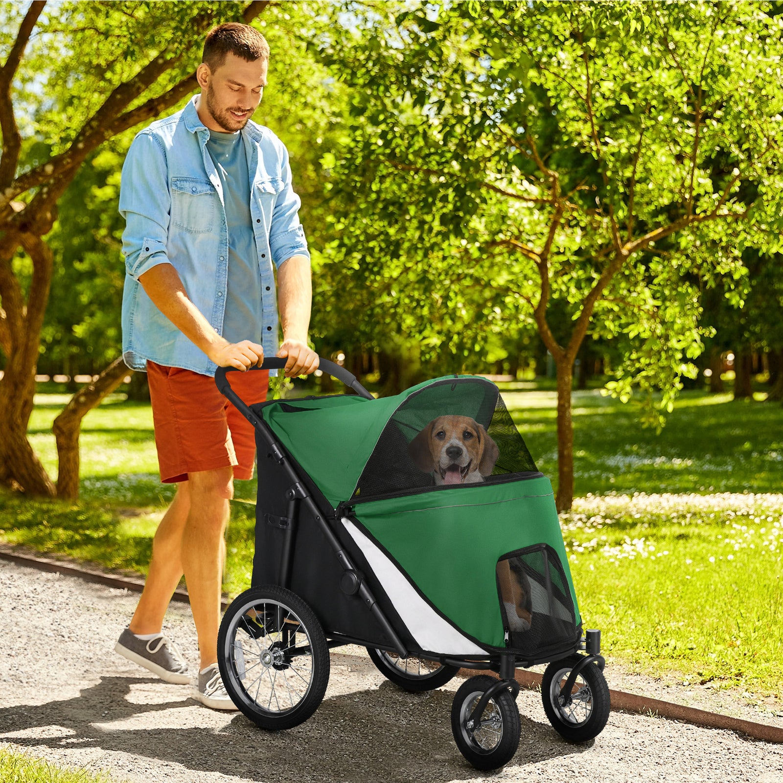 Foldable Pet Stroller, with Washable Cushion, Storage Bags, Safety Leash, for Medium, Large Dogs, Cats - Green