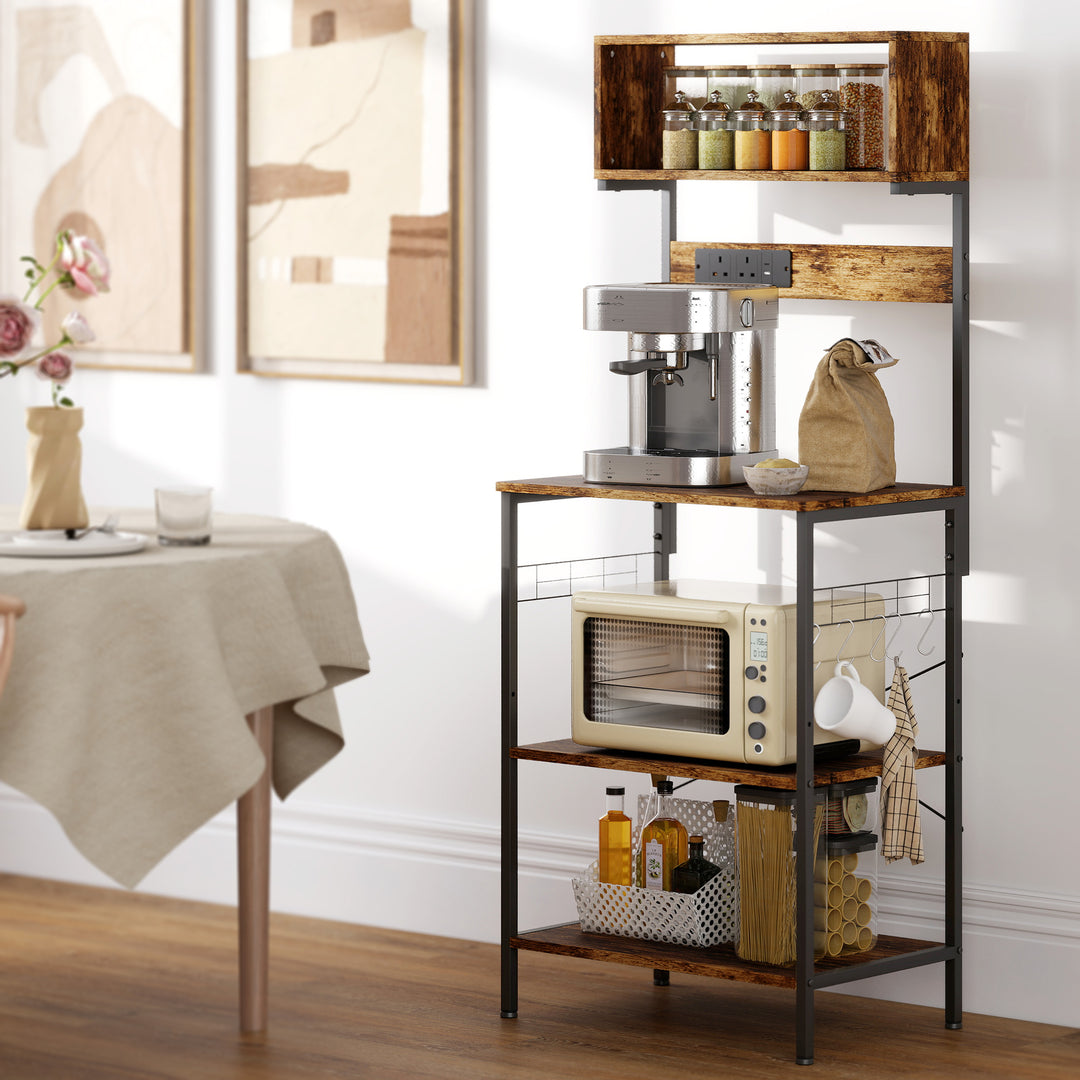 HOMCOM Bakers Rack with Power Outlet, USB Charger, Microwave Stand with Adjustable Shelves, 5 Hooks for Small Spaces, Kitchen Storage Unit for Spices, Pots and Pans, Rustic Brown