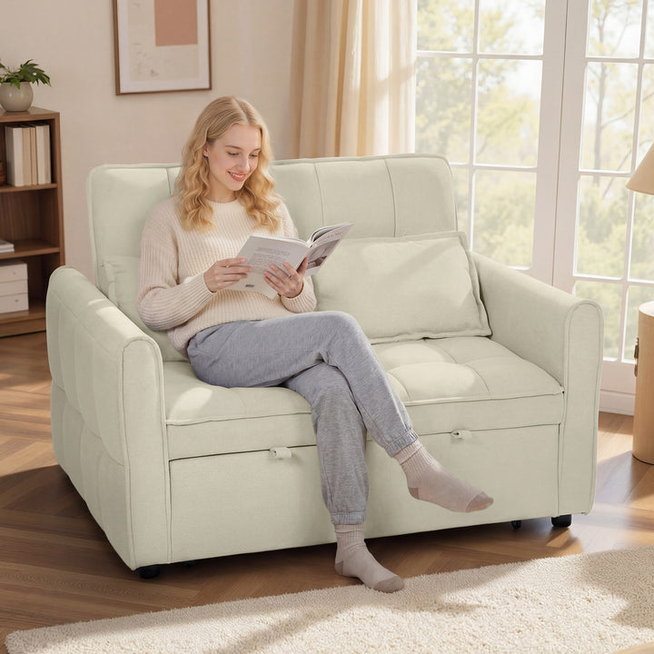 2 Seater Sofa Bed, 3-in-1 Convertible Sleeper Sofa with Click-clack Adjustable Backrest and 2 Pillows, Light