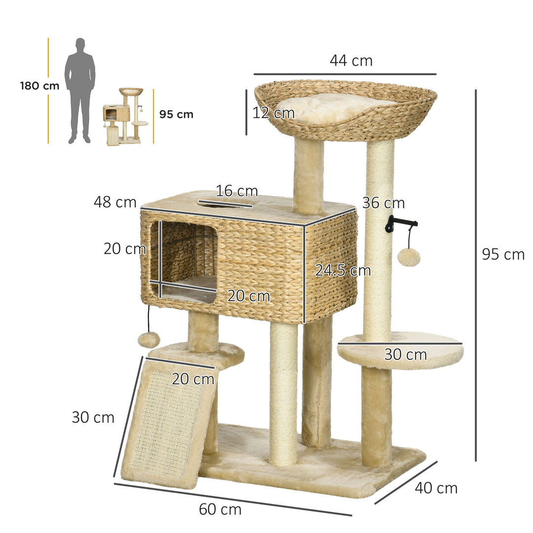 PawHut 95cm Cat Tree Tower for Indoor Cats, with Scratching Post, Cat House, Toy Ball, Platform - Beige