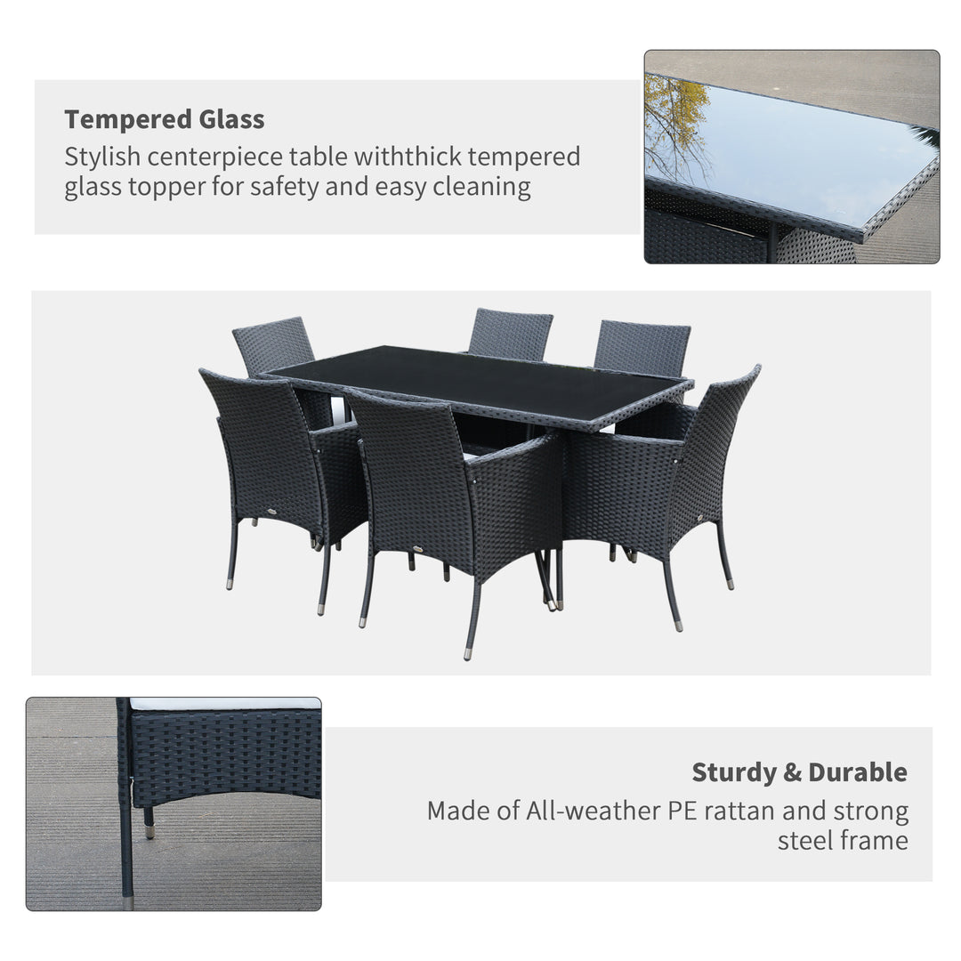 MCL 6 Seater Rattan Dining Set with Cushions, Rattan Garden Furniture Set with 6 Armchairs, Rectangular Glass Top Table, Outdoor Dining Table and Chairs, Black