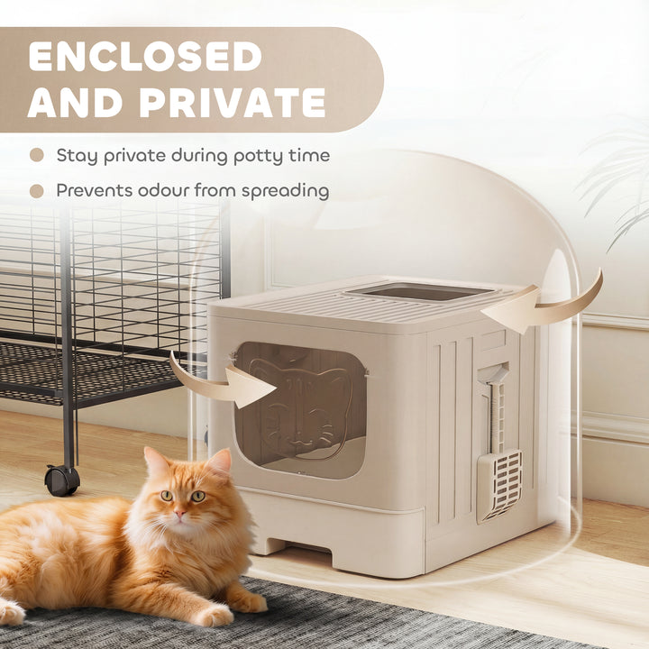 Foldable Cat Litter Box with Lid, Slide-Out Drawer, Scoop, Easy Clean, Odour Control, Anti-Splashing
