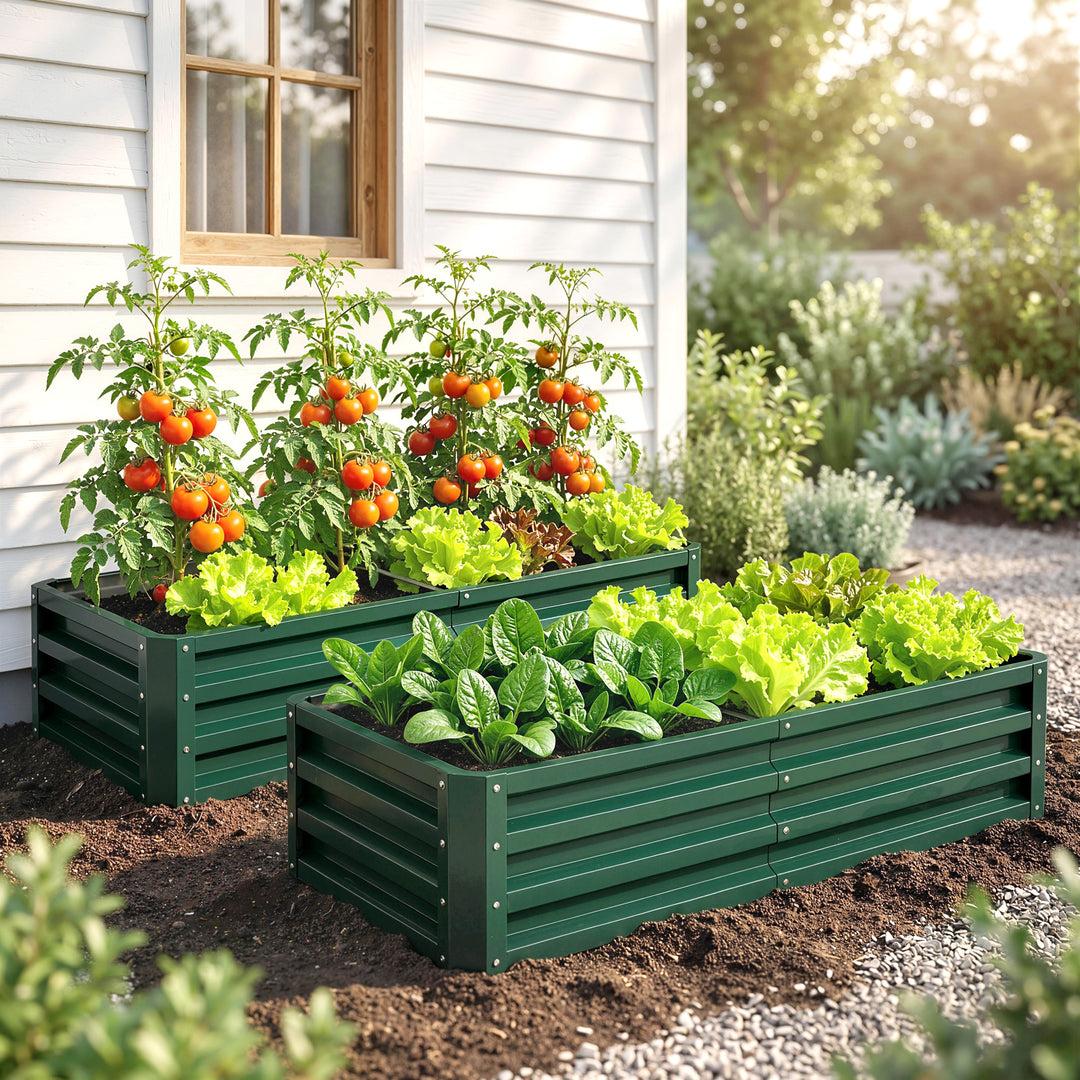 Set of 2 Raised Beds for Garden, Galvanised Outdoor Planters for Herbs