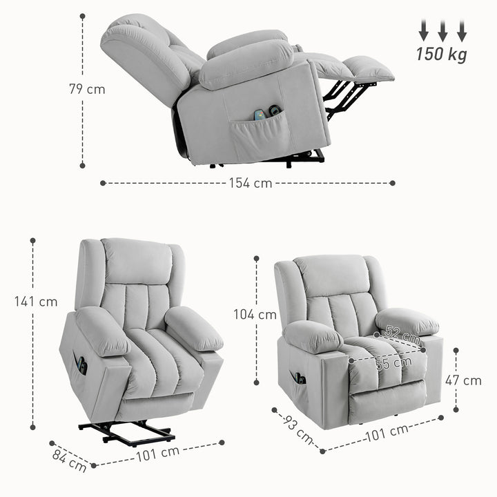 Velvet-Feel Electric Riser, Recliner and Massage Armchair - Light Grey