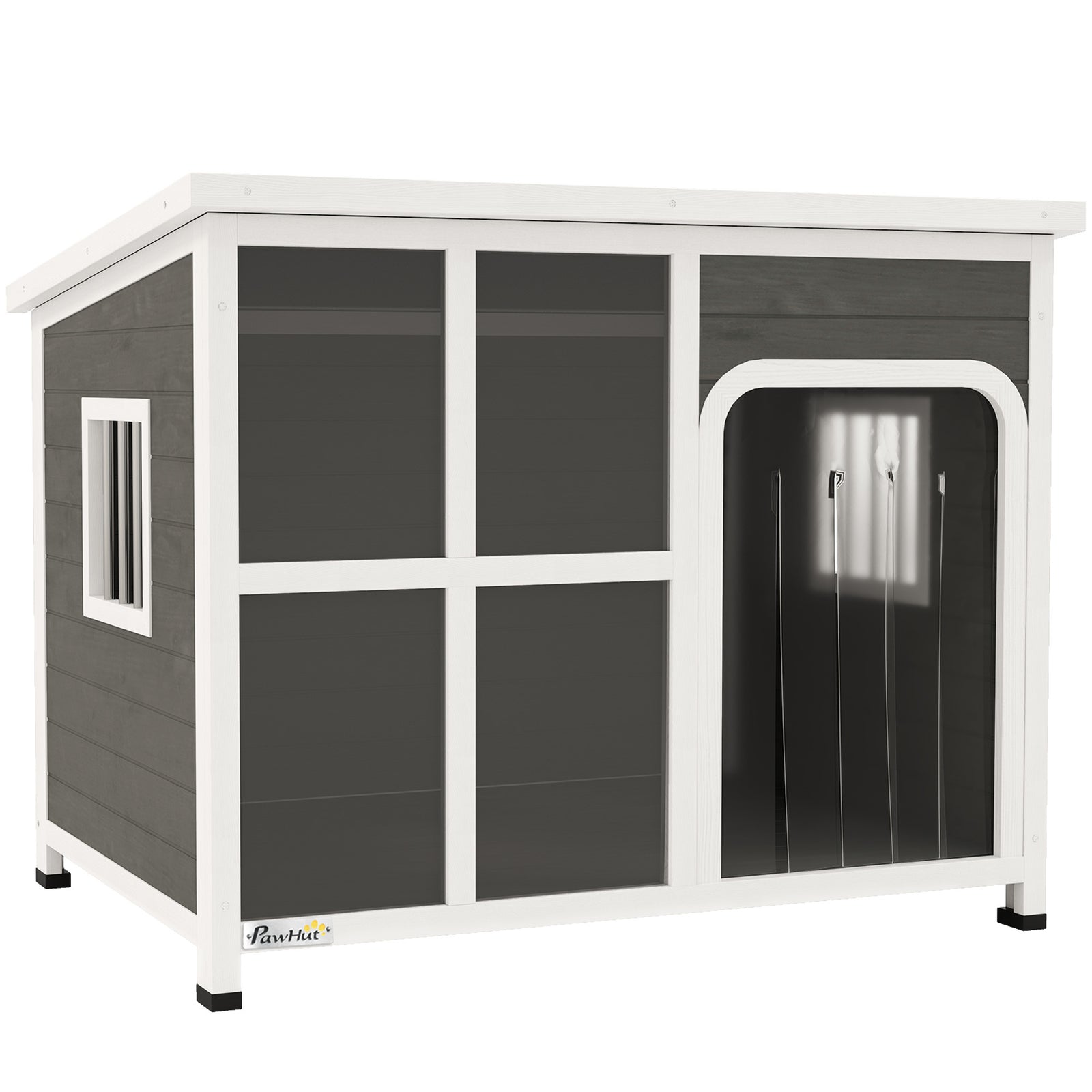 Wooden Outdoor Dog House, with Asphalt Openable Top, Removable Floor, Clear Front Panel, Curtain, 103 x 77 x 83cm