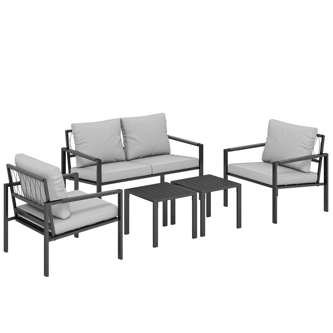 5 Piece Metal Garden Furniture Sofa Set with Thickened Cushions, Loveseat, 2 Armchairs, 2 Coffee Tables