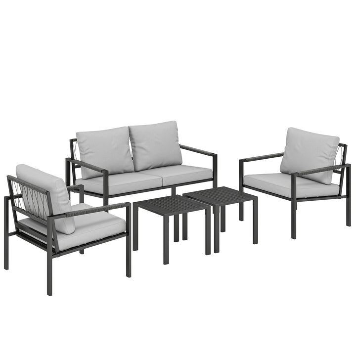 5 Piece Metal Garden Furniture Sofa Set with Thickened Cushions, Loveseat, 2 Armchairs, 2 Coffee Tables