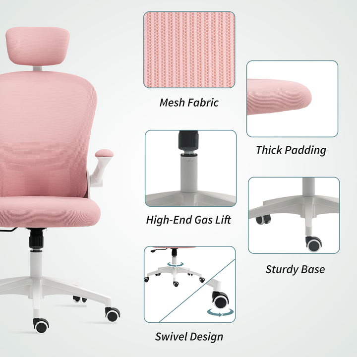 Multi-Adjustable Office Chair, with Lumbar Support, Headrest and Mesh Back - Pink