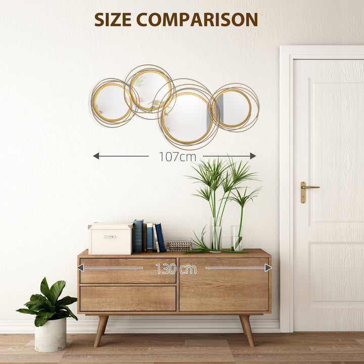 Metal Wall Mirrors, 107cm Modern Decorative Gold Mirror Decor Hanging, Home Wall Sculptures for Living Room Bedroom Dining Room