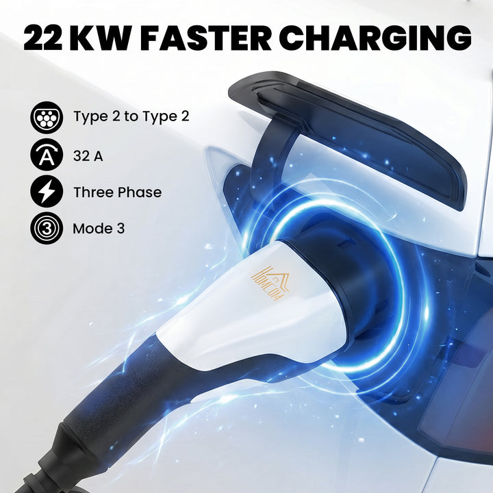 Type 2 EV Charging Cable, 22kW, 32A, Mode 3, 3-Phase, 10m Type 2 to Ty