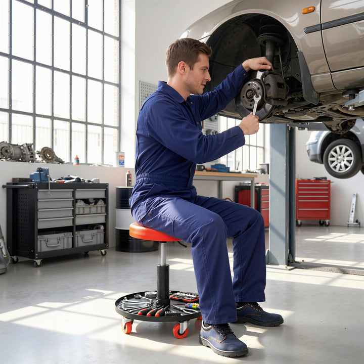 Rolling Mechanical Stool, Pneumatic Adjustable Workshop Stool with Too