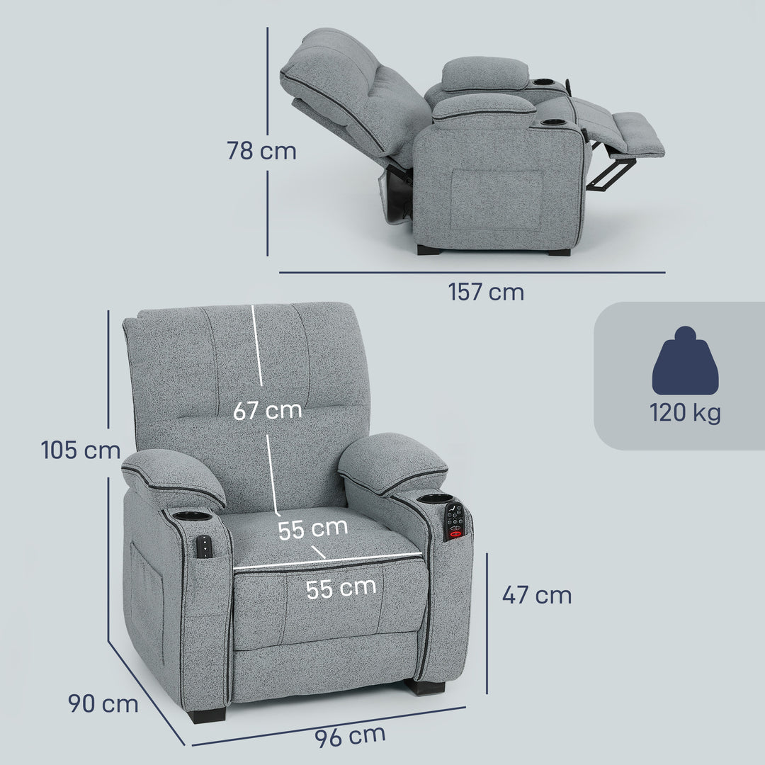 Electric Massage Recliner Armchair with Vibration, Heat, Whisper-Quiet Motor, Memory Function, Velvet Power Reclining Chair with Spring Pack, USB Port, Footrest, Side Pocket, Cup Holders