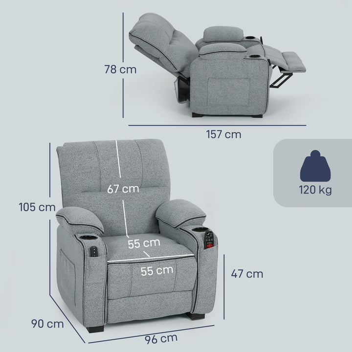 Electric Massage Recliner Armchair with Vibration, Heat, Whisper-Quiet Motor, Memory Function, Velvet Power Reclining Chair with Spring Pack, USB Port, Footrest, Side Pocket, Cup Holders