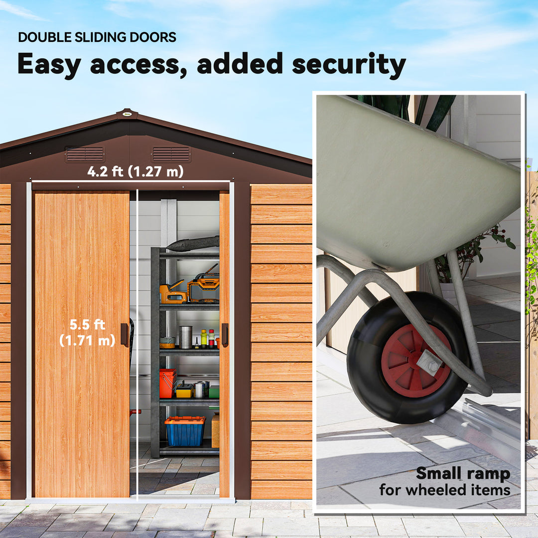 9 x 6ft Galvanised Steel Shed - Brown Wood-Effect
