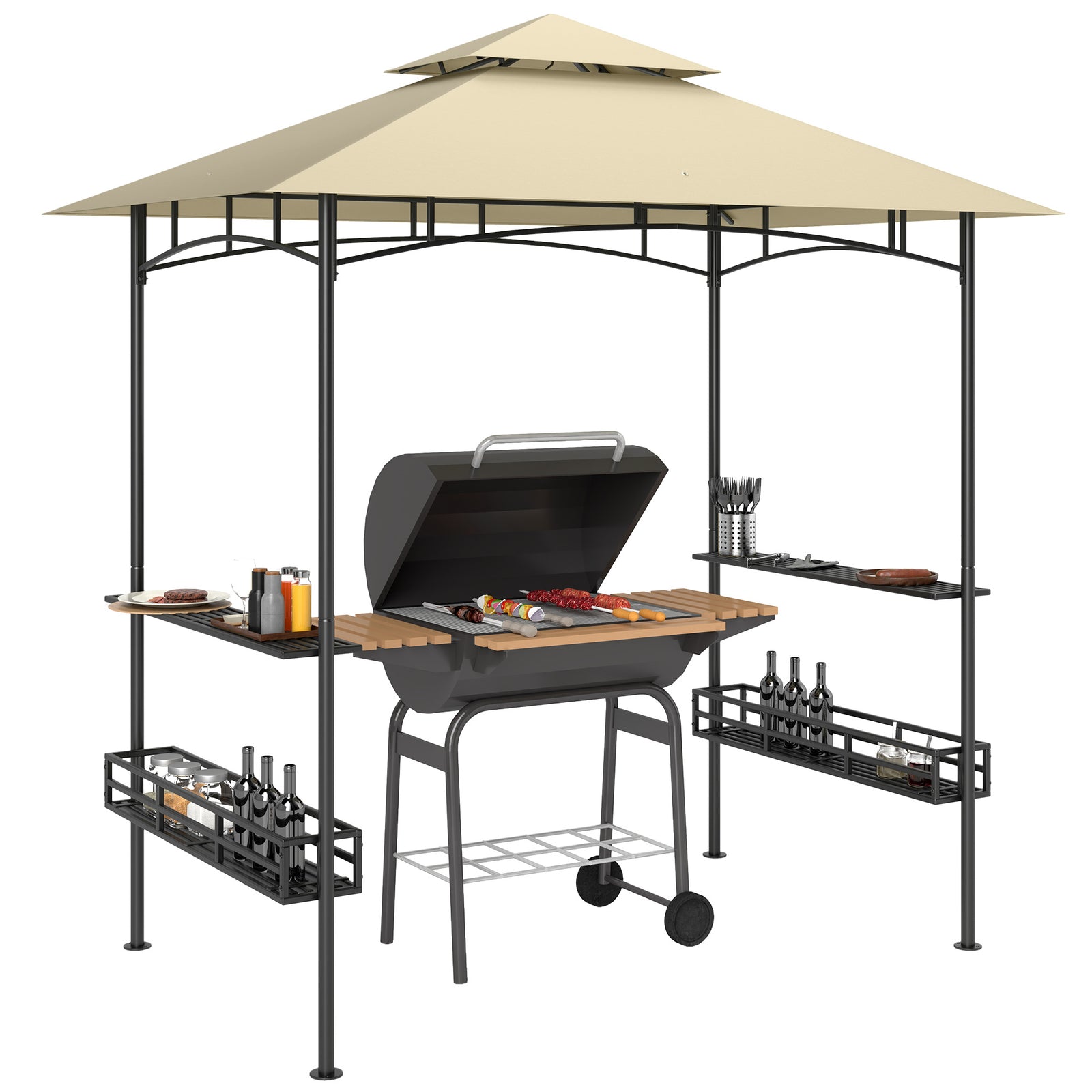 8' x 5' Grill Gazebo Canopy, Double Tiered Outdoor BBQ Gazebo Shelter with 2 Side Shelves, Storage Baskets, Hook for Garden, Patio, Barbecue, Picnic, Beige