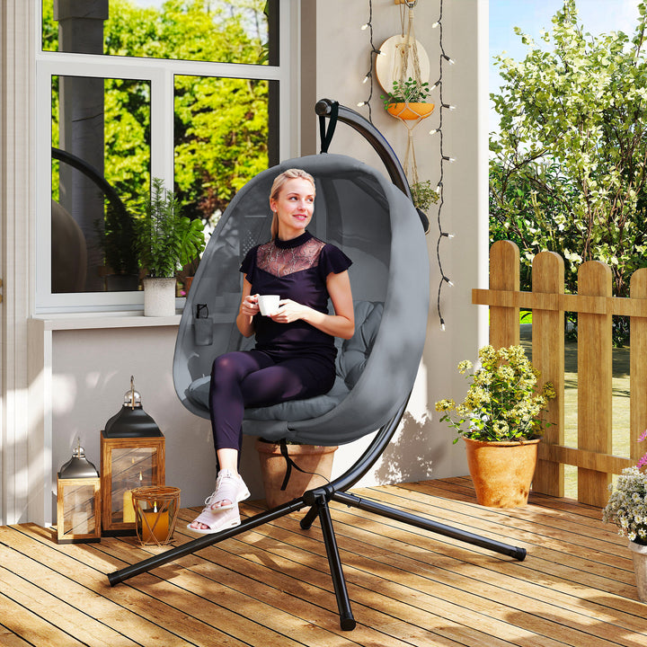 MCL Hanging Egg Chair, Folding Texteline Swing Hammock with Side Pocket, Cushion and Stand for Indoor Outdoor, Patio Garden Furniture, Grey