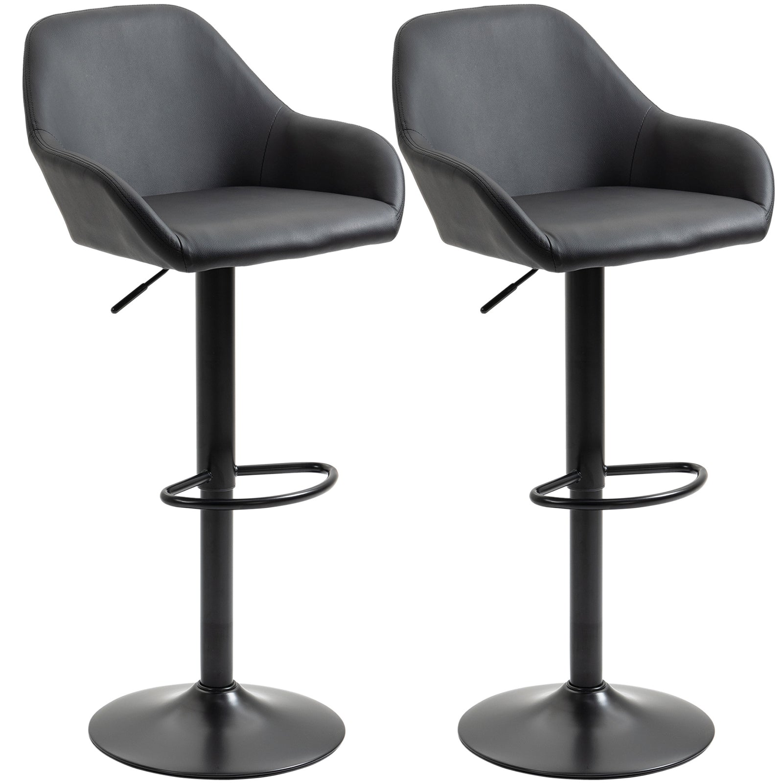 Bar Stools Set of 2, Height Adjustable Swivel Barstools, PU Leather Kitchen Stools with Backs, Armrests and Footrest for Home, Counter and Dining Room, Black