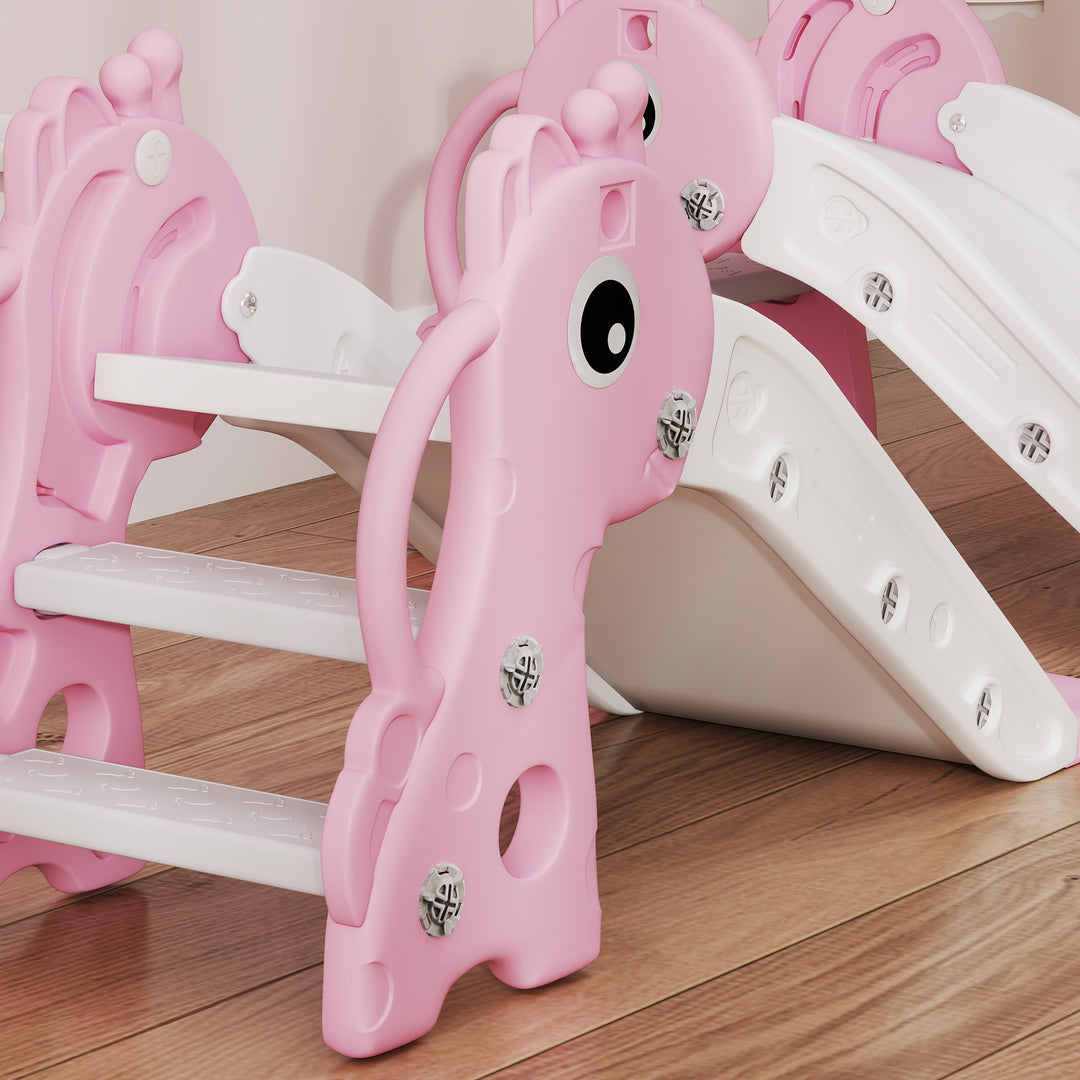 AIYAPLAY 3 in 1 Kids Slide with Climber, Basketball Hoop and Ball, Giraffe Shape Climber Slide for Indoor Kids Age 1-3, Pink