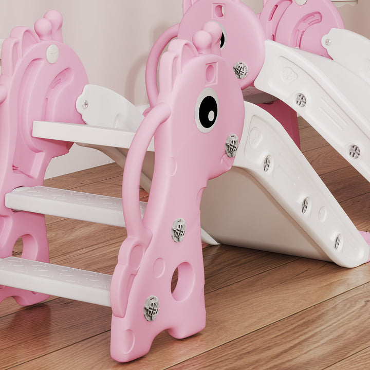 AIYAPLAY 3 in 1 Kids Slide with Climber, Basketball Hoop and Ball, Giraffe Shape Climber Slide for Indoor Kids Age 1-3, Pink