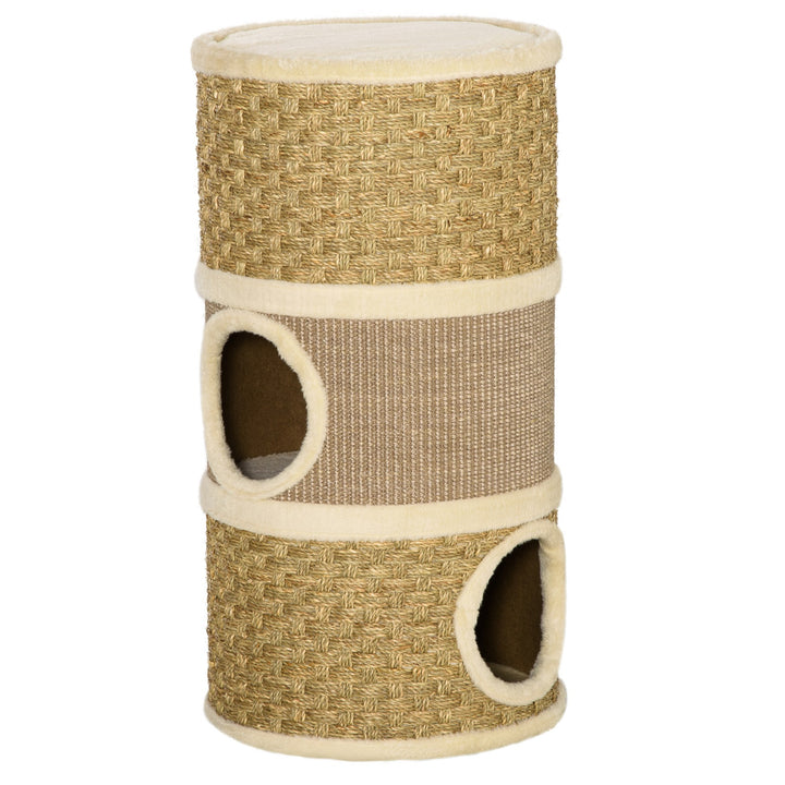 PawHut Cat Scratching Barrel Kitten Tree Tower Pet Furniture Climbing Frame Covered with Sisal and Seaweed Rope Cozy Platform Soft Plush | Aosom UK