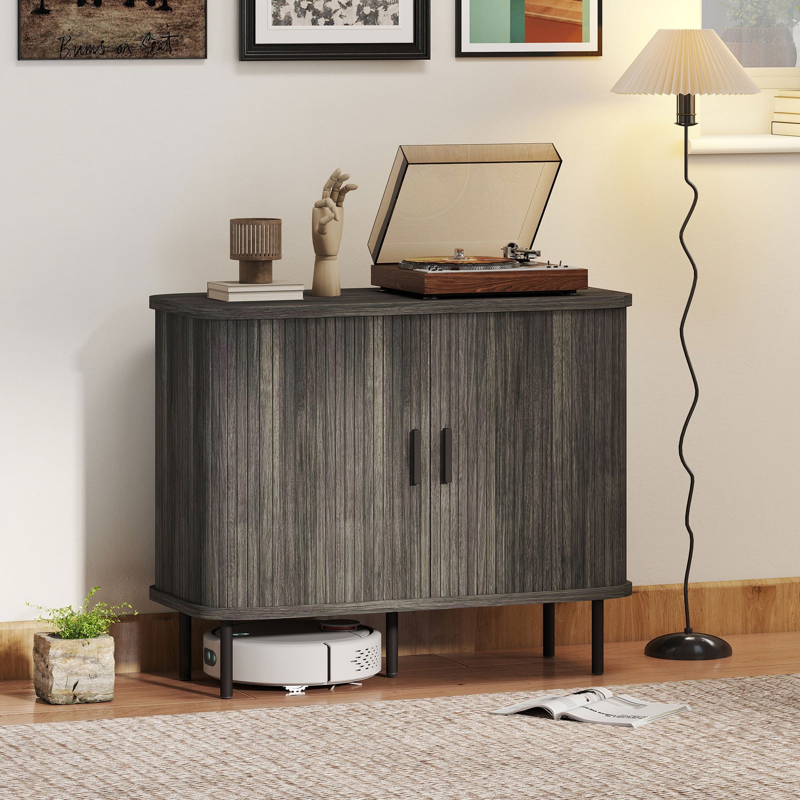 Mid-Century Modern Sideboard Storage Cabinet with Slatted Tambour Sliding Doors, Kitchen Cabinet with Steel Legs, Grey
