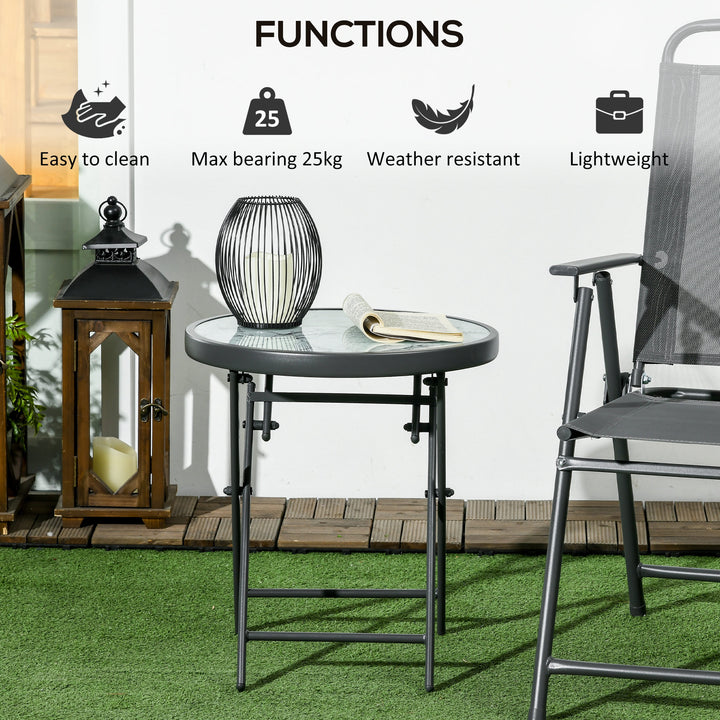 Φ45cm Garden Side Table, Outdoor Round Folding Patio Table with Imitation Marble Glass Top, Small Coffee Table, White