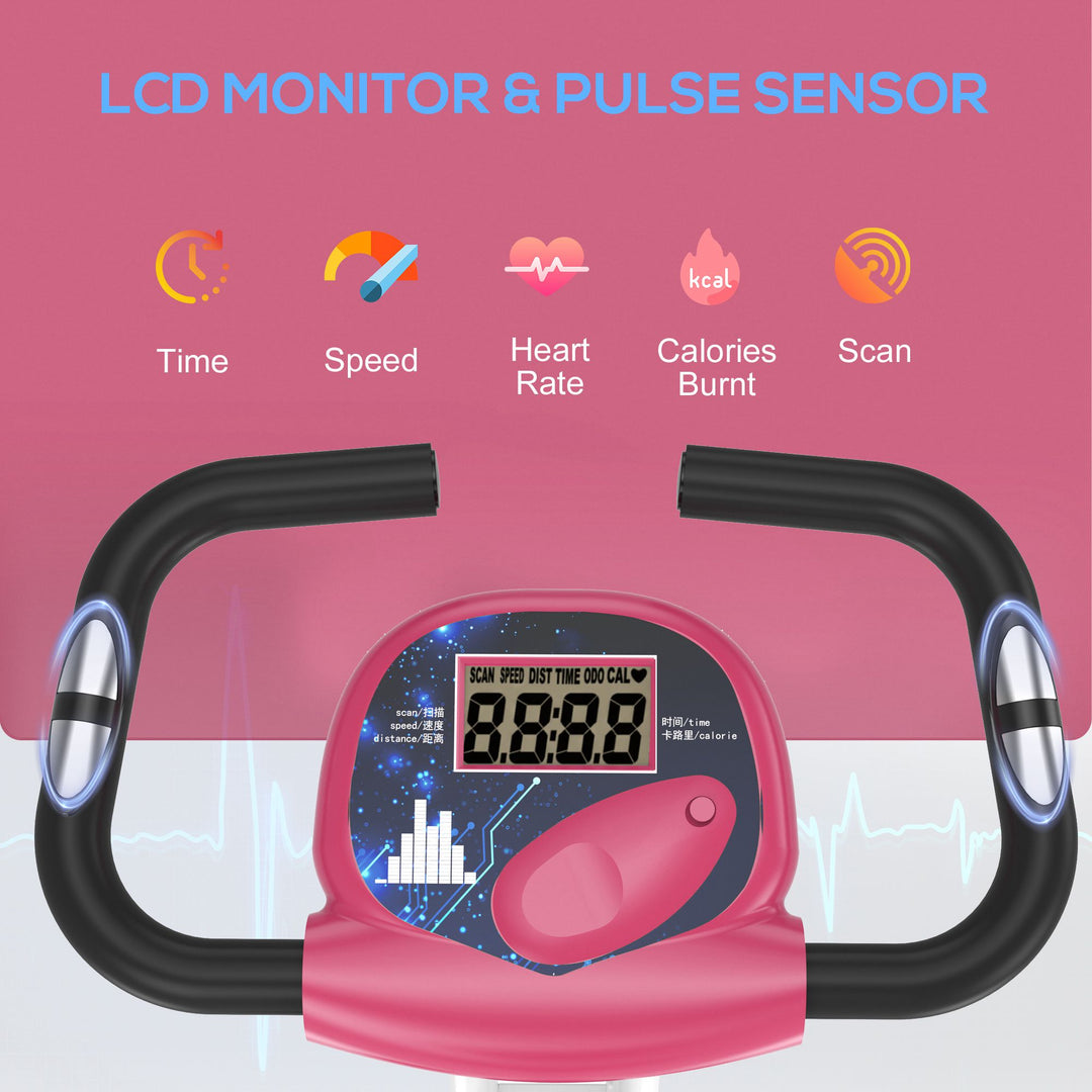Folding Exercise Bike, Fitness Bicycle Indoor Trainer, 8-Level Magnetic Resistance Adjustable, with LCD Monitor, Pulse Sensor, Pink