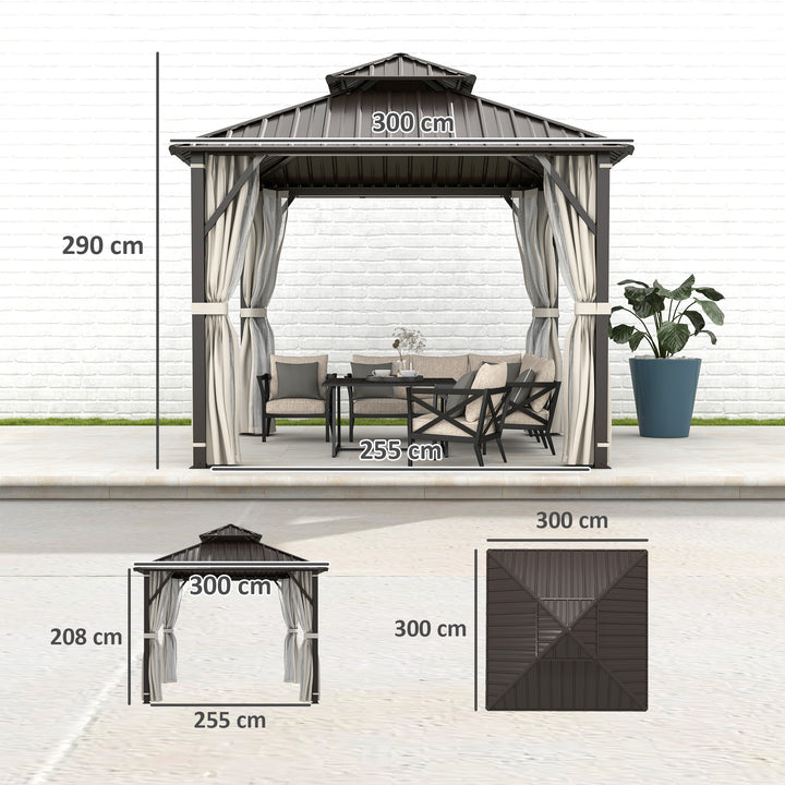 3 x 3(m) Hardtop Gazebo Canopy with Double Metal Roof, Waterproof Permanent Pavilion Garden Gazebo with Netting and Curtains, Easy to Assemble