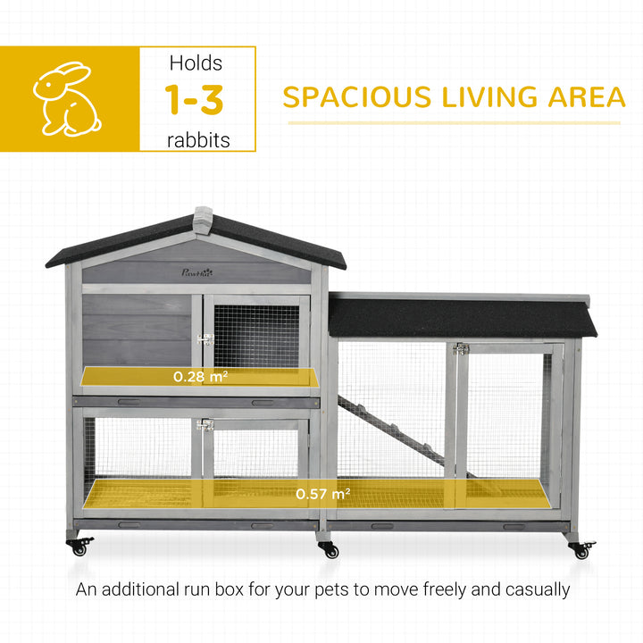 PawHut Two-Tier Rabbit Hutch and Run Wooden Mobile Guinea Pig Hutch Bunny Cage w/ Wheels, Run, Slide-Out Tray, Ramp 157.4 x 53 x 99.5 cm | Aosom UK