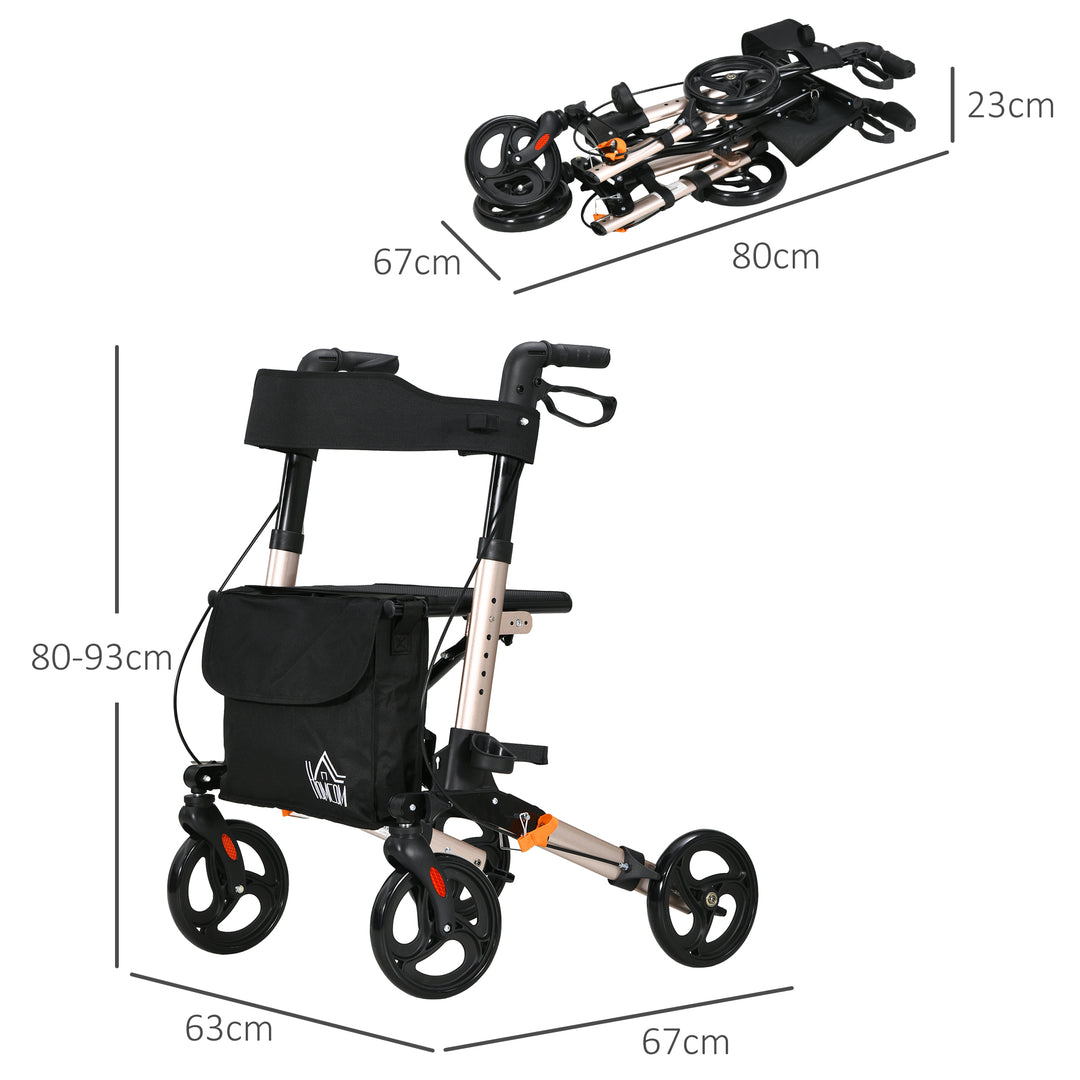 HOMCOM 4 Wheel Rollator with Seat and Back, Folding Mobility Walker, Adjustable Height, Dual Brakes, Cane Holder, Lightweight Aluminium