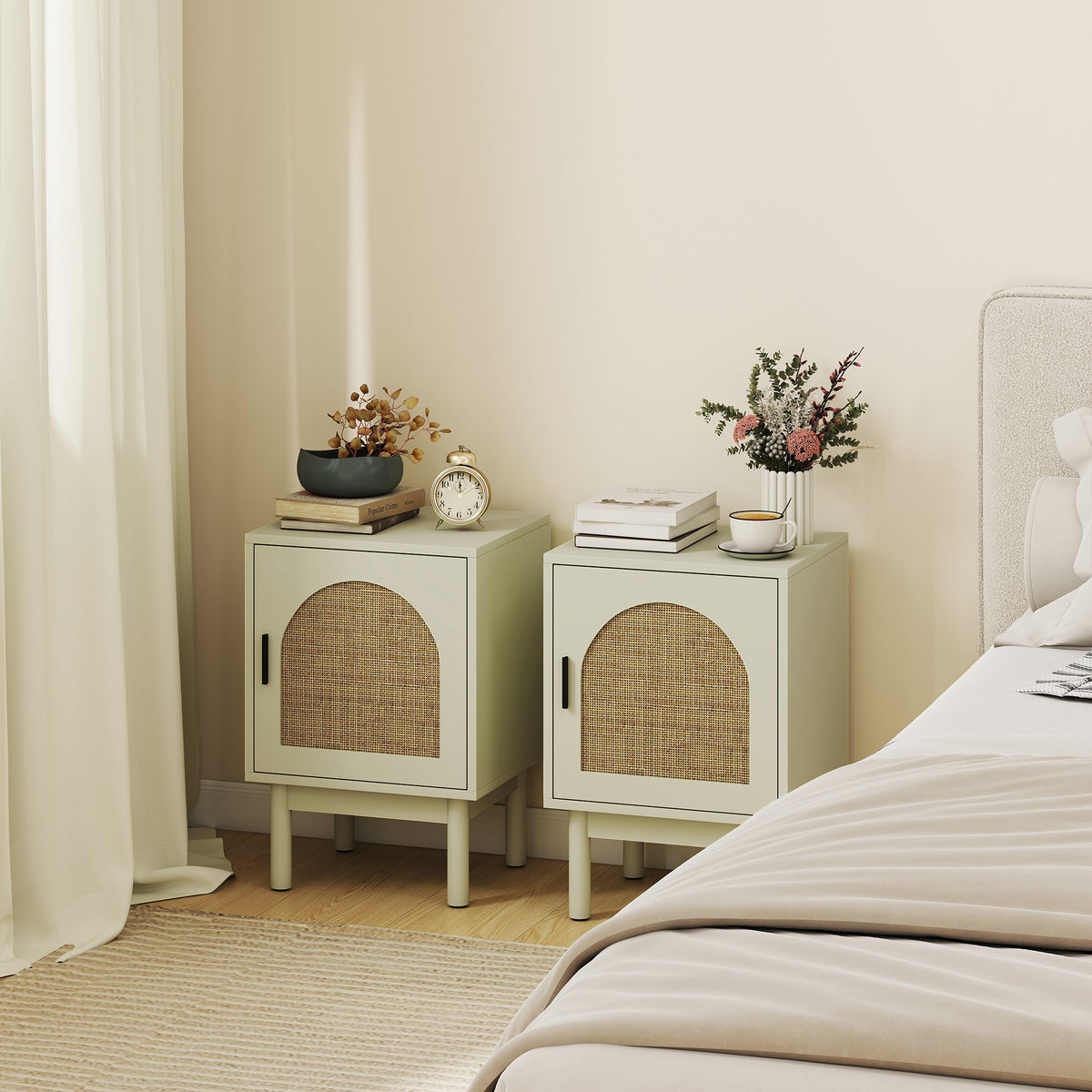 2-Piece Rattan Bedside Table for Bedroom - Light Green - view 2