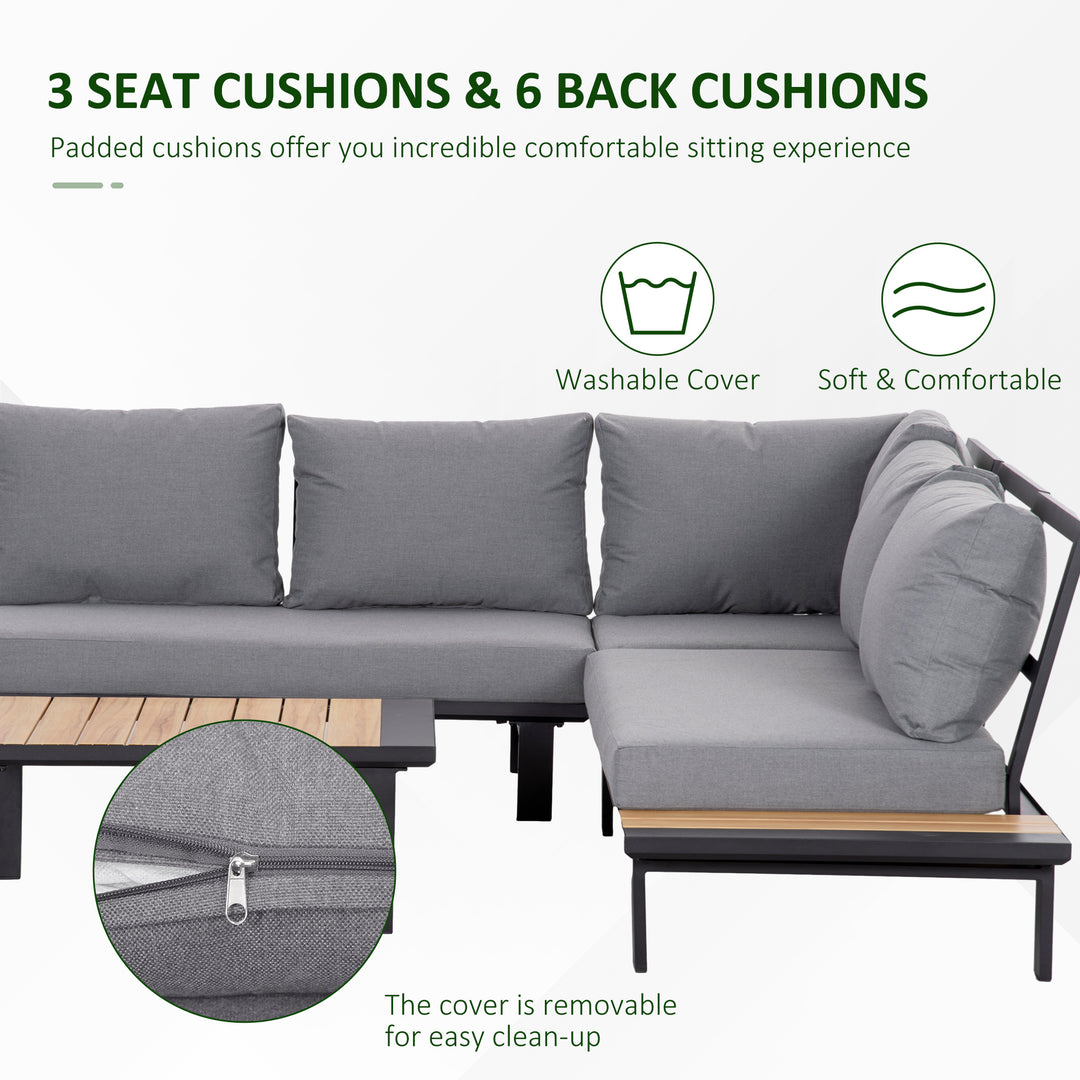 Outsunny 4 Pieces Aluminium Garden Furniture Set L Shape Sofa Set with Tables, Cushions for Indoor, Garden, Patio, Dark Grey