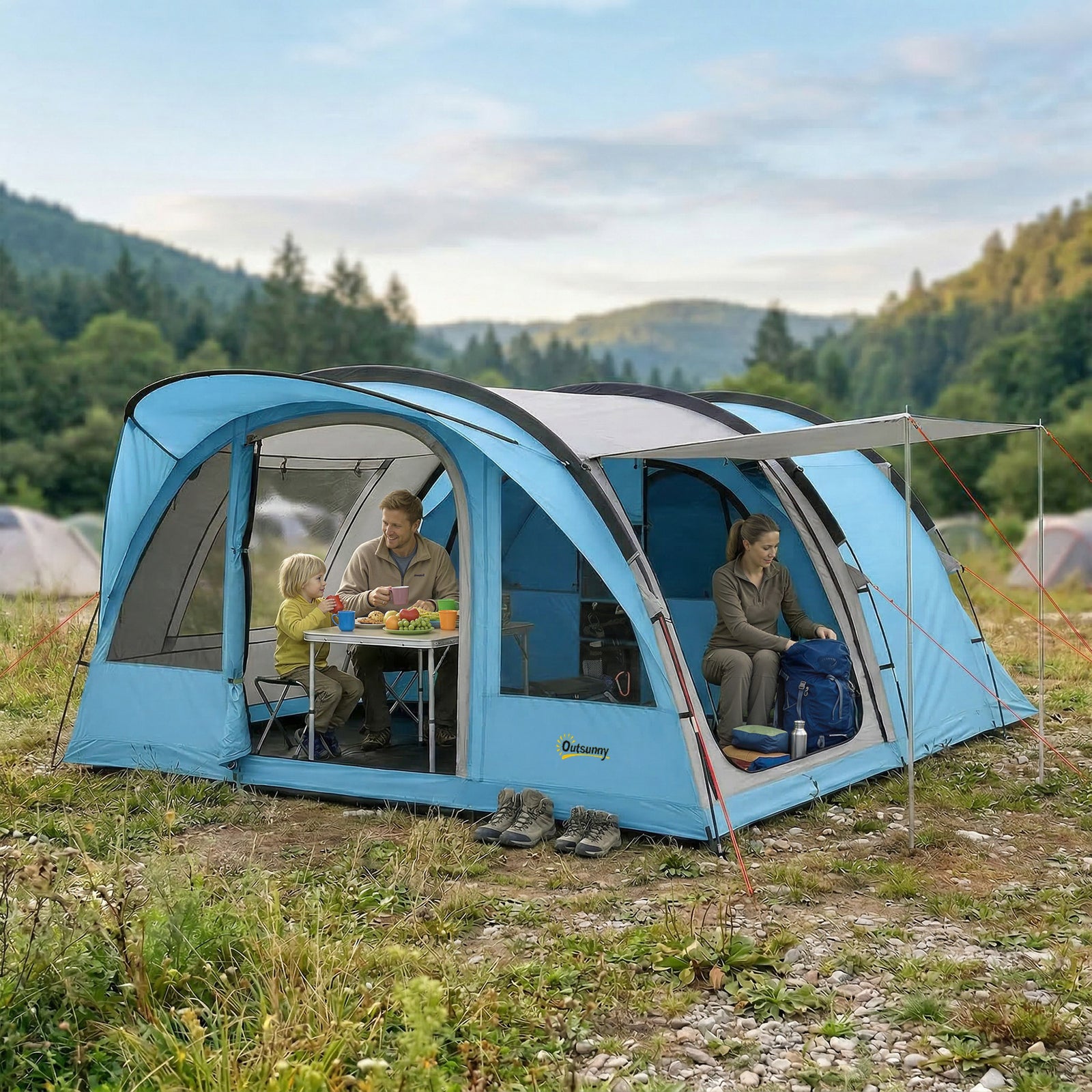 4 Person Easy Setup Family Camping Tent with 2 Rooms, Waterproof Tunne