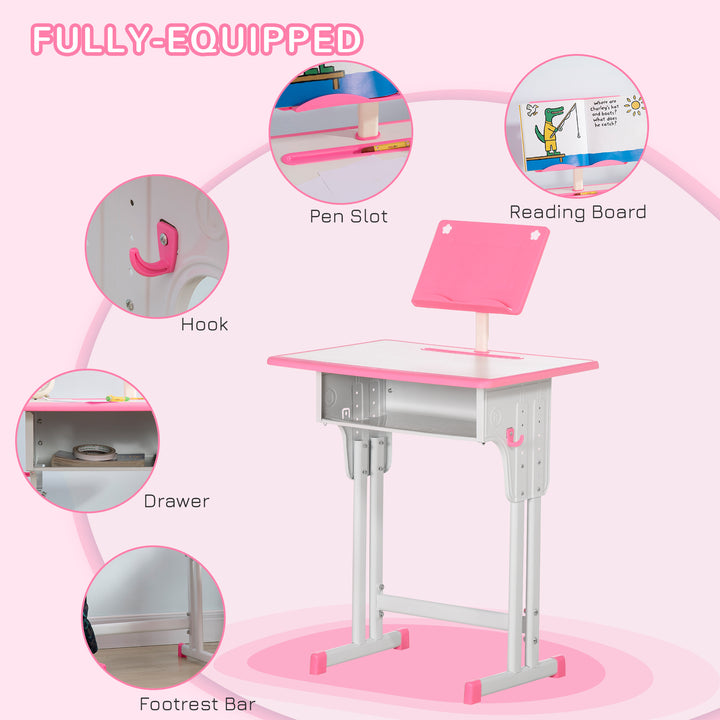 HOMCOM Children's Study Desk and Chair Set, Adjustable Height with Drawer, Bookshelf, Cup Holder & Pen Groove, Pink | Aosom UK