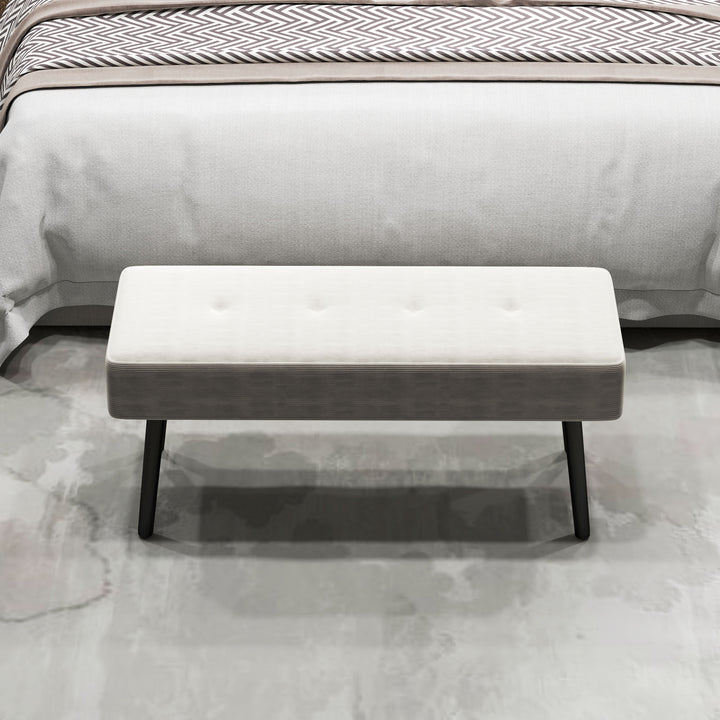 End of Bed Bench, Corduroy Bedroom Bench with Thick Padding and Steel Legs, Tufted Window Seat for Entryway, Living Room, Cream White