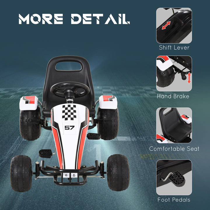 Kids Children Pedal Go Kart Manual Ride On Car w/ Brake Gears Steering Wheel Adjustable Seat 4 Smooth Wheels Racing-Style White 104 x 66 x 57 cm