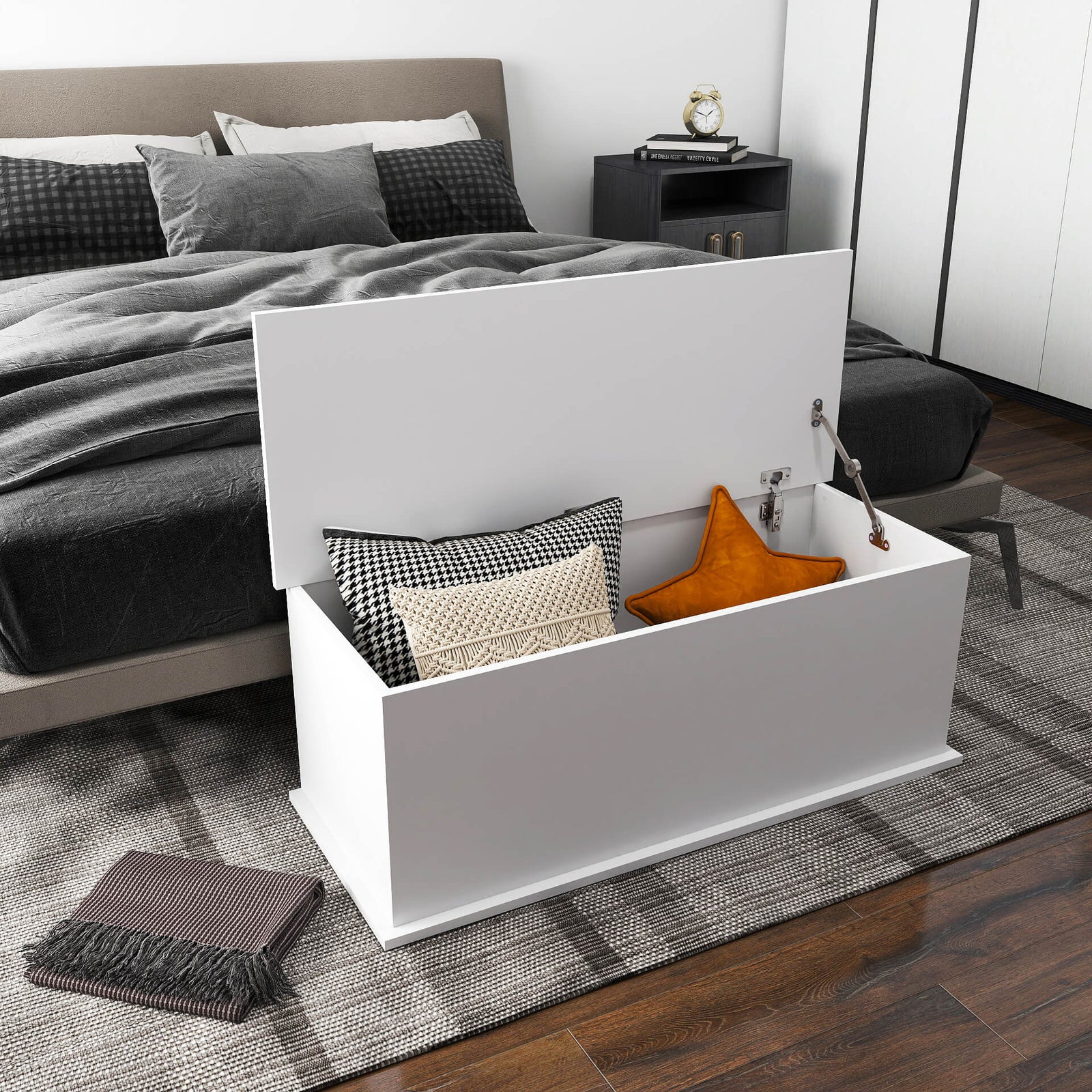 113L Storage Chest, Storage Box with Flip-Top Lid and 2 Safety Hinges, Storage Trunk for Living Room, Entryway, 100 x 40 x 40 cm, White